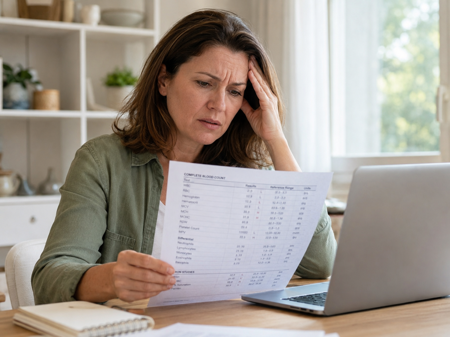 A confused woman looking at blood test results
